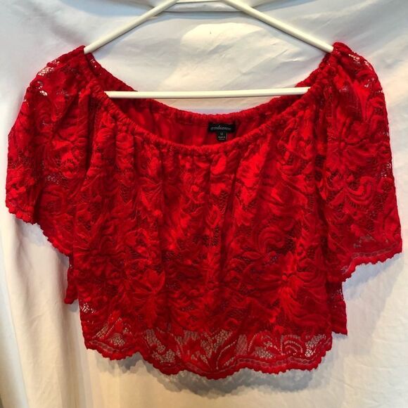 Ambiance Crop Blouse Lace Red M - Picture 1 of 8